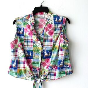 VTG Alfred Dunner Top Sleeveless Button Tie Floral Patchwork 12P Cottagecore 90s